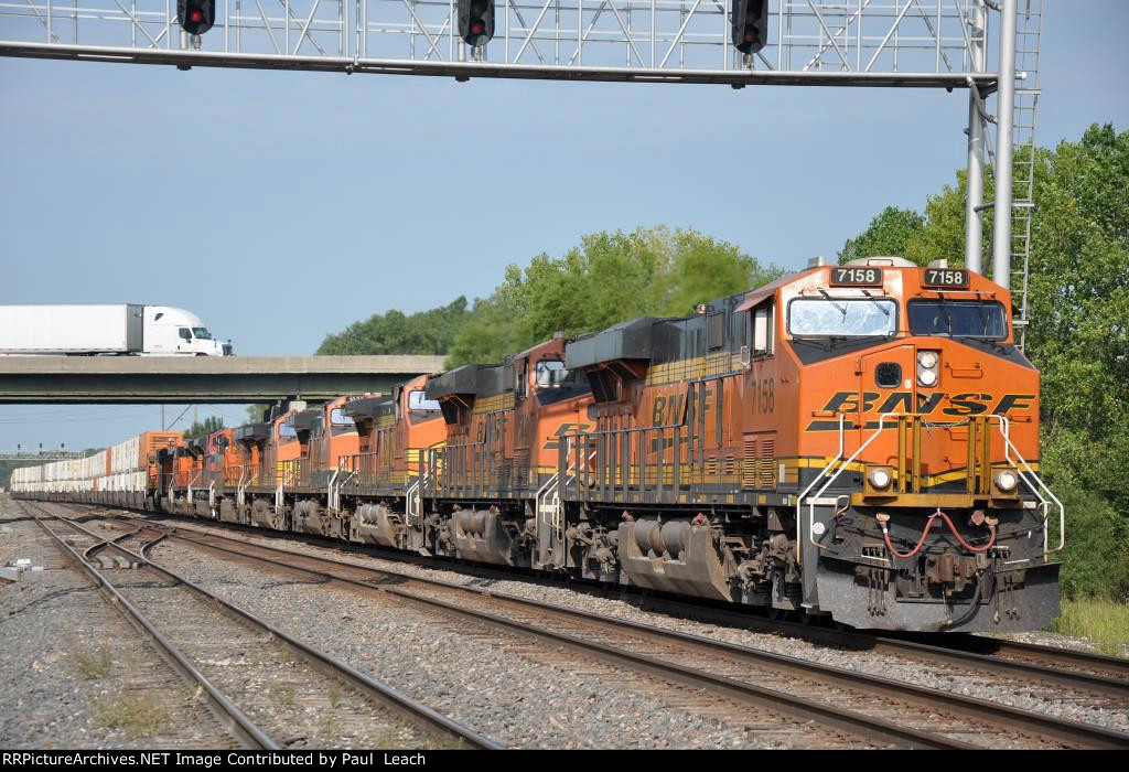 Eastbound intermodal threads its way through the crossovers